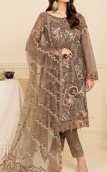 Ramsha Umber Brown Organza Suit | Pakistani Embroidered Chiffon Dresses- Image 1