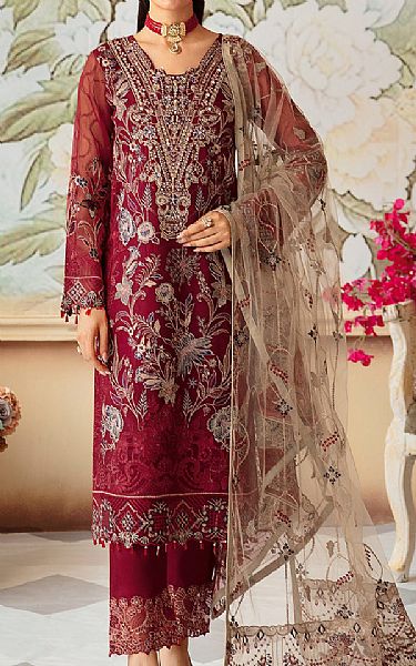 Ramsha Crimson Organza Suit | Pakistani Embroidered Chiffon Dresses USA- Image 1