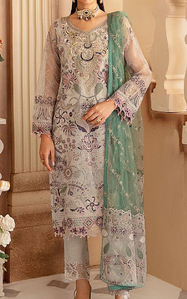 Ramsha Grey Organza Suit | Pakistani Embroidered Chiffon Dresses USA- Image 1