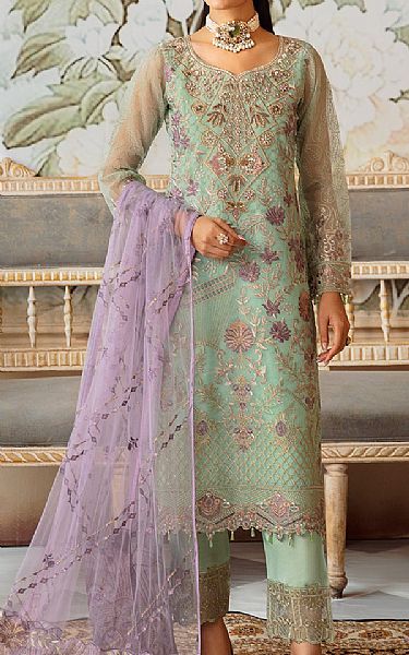 Ramsha Mint Green Organza Suit | Pakistani Embroidered Chiffon Dresses USA- Image 1