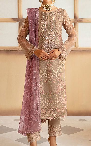 Ramsha Beige Organza Suit | Pakistani Embroidered Chiffon Dresses USA- Image 1