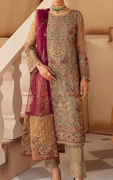 Ramsha Tan Organza Suit | Pakistani Embroidered Chiffon Dresses USA- Image 1