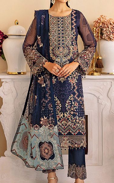Ramsha Navy Blue Organza Suit | Pakistani Embroidered Chiffon Dresses USA- Image 1