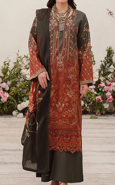 Ramsha Black/Brown Rust Lawn Suit | Pakistani Lawn Dress in USA- Image 1