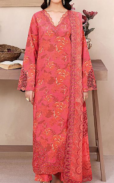 Ramsha Coral Raw Silk Suit | Pakistani Embroidered Chiffon Dresses USA- Image 1