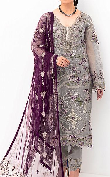 Ramsha Grey Organza Suit | Pakistani Embroidered Chiffon Dresses- Image 1