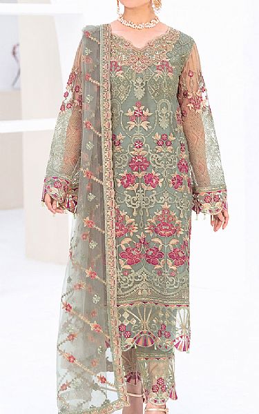 Ramsha Pistachio Net Suit | Pakistani Embroidered Chiffon Dresses- Image 1