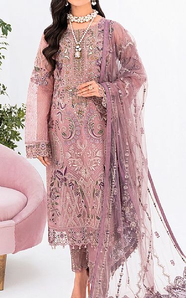 Ramsha Tea Rose Organza Suit | Pakistani Embroidered Chiffon Dresses- Image 1