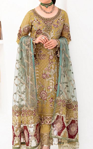Ramsha Olive Organza Suit | Pakistani Embroidered Chiffon Dresses- Image 1