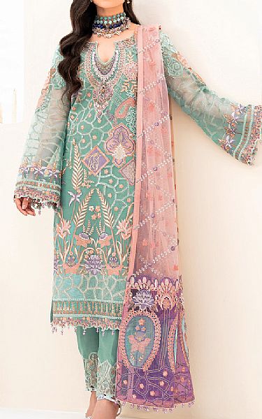Ramsha Aqua Organza Suit | Pakistani Embroidered Chiffon Dresses- Image 1