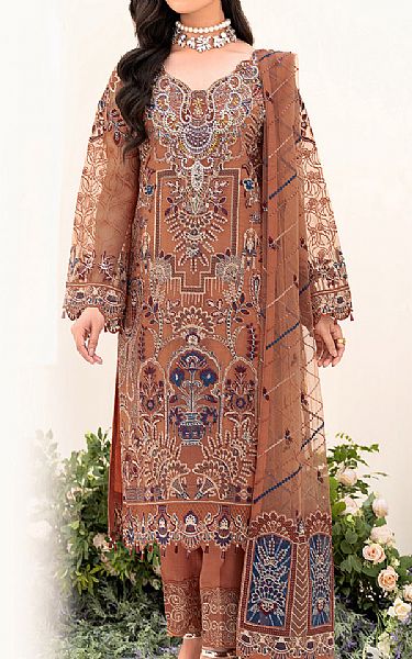 Ramsha Chestnut Brown Organza Suit | Pakistani Embroidered Chiffon Dresses- Image 1