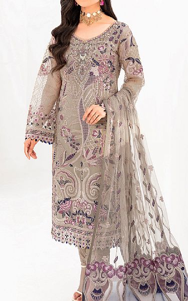 Ramsha Light Grey Organza Suit | Pakistani Embroidered Chiffon Dresses- Image 1