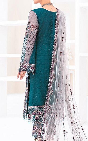 Ramsha Teal Net Suit | Pakistani Embroidered Chiffon Dresses- Image 2