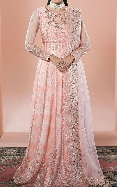 Ramsha Peach Net Suit | Pakistani Embroidered Chiffon Dresses USA- Image 1