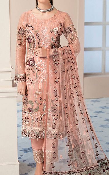 Ramsha Peach Chiffon Suit | Pakistani Embroidered Chiffon Dresses- Image 1