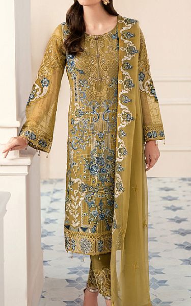 Ramsha Olive Green Chiffon Suit | Pakistani Embroidered Chiffon Dresses- Image 1