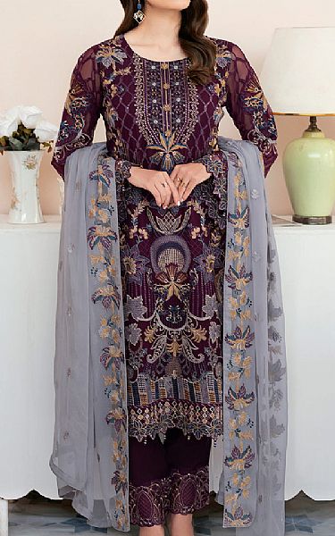 Ramsha Egg Plant Chiffon Suit | Pakistani Embroidered Chiffon Dresses- Image 1
