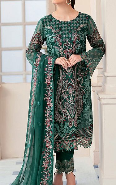 Ramsha Emerald Green Chiffon Suit | Pakistani Embroidered Chiffon Dresses- Image 1
