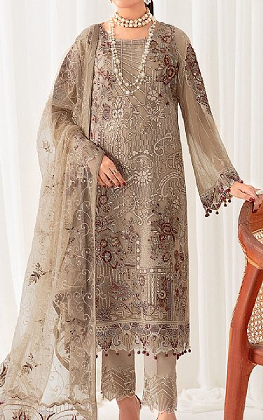 Ramsha French Beige Chiffon Suit | Pakistani Embroidered Chiffon Dresses- Image 1