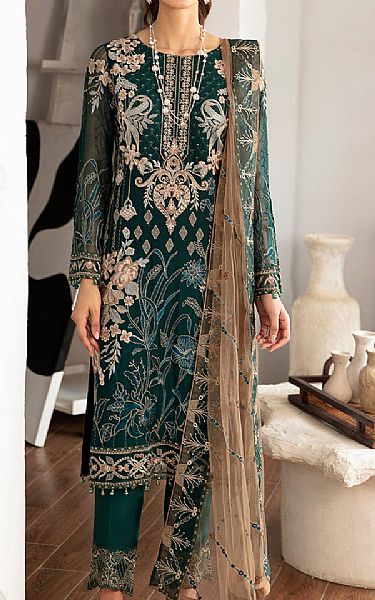 Ramsha Teal Chiffon Suit | Pakistani Embroidered Chiffon Dresses- Image 1