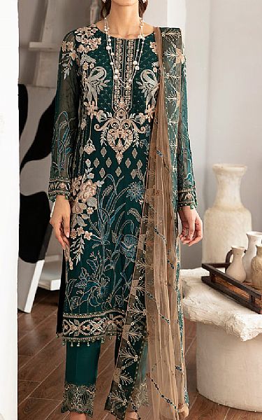 Ramsha Teal Chiffon Suit | Pakistani Embroidered Chiffon Dresses USA- Image 1
