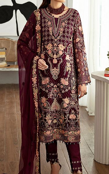 Ramsha Wine Chiffon Suit | Pakistani Embroidered Chiffon Dresses USA- Image 1