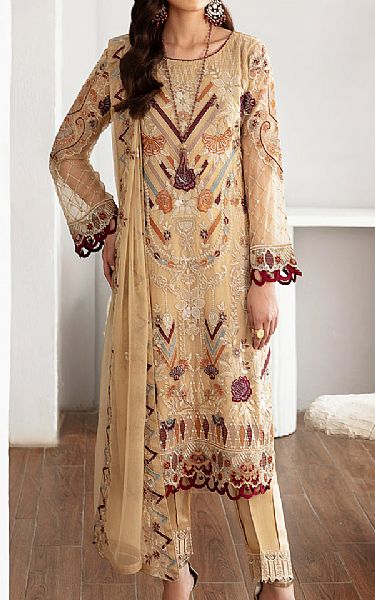 Ramsha Tan Chiffon Suit | Pakistani Embroidered Chiffon Dresses USA- Image 1
