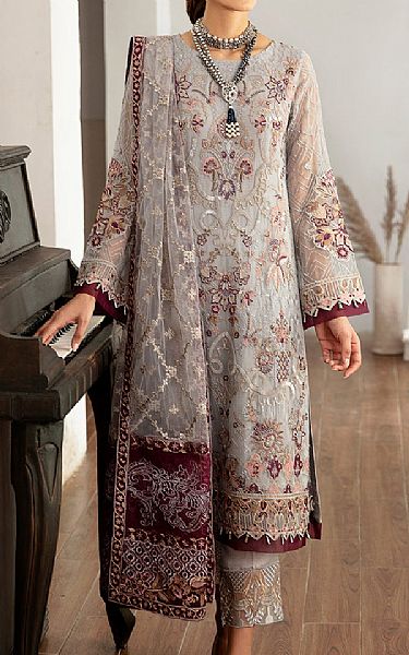 Ramsha Slate Grey Chiffon Suit | Pakistani Embroidered Chiffon Dresses- Image 1