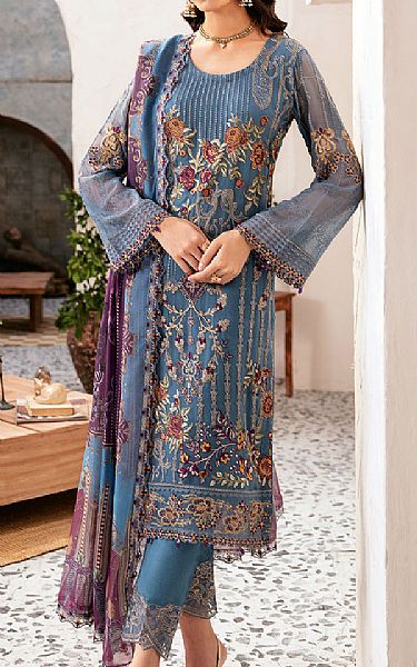Ramsha Denim Blue Chiffon Suit | Pakistani Embroidered Chiffon Dresses USA- Image 1