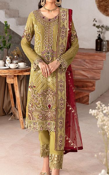Ramsha Olive Chiffon Suit | Pakistani Embroidered Chiffon Dresses USA- Image 1
