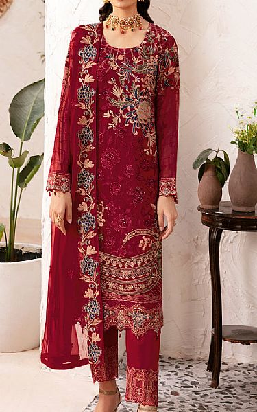 Ramsha Crimson Chiffon Suit | Pakistani Embroidered Chiffon Dresses USA- Image 1
