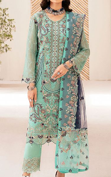 Ramsha Turquoise Chiffon Suit | Pakistani Embroidered Chiffon Dresses USA- Image 1