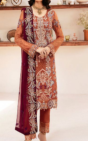 Ramsha Rust Chiffon Suit | Pakistani Embroidered Chiffon Dresses USA- Image 1
