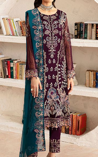 Ramsha Plum Chiffon Suit | Pakistani Embroidered Chiffon Dresses USA- Image 1