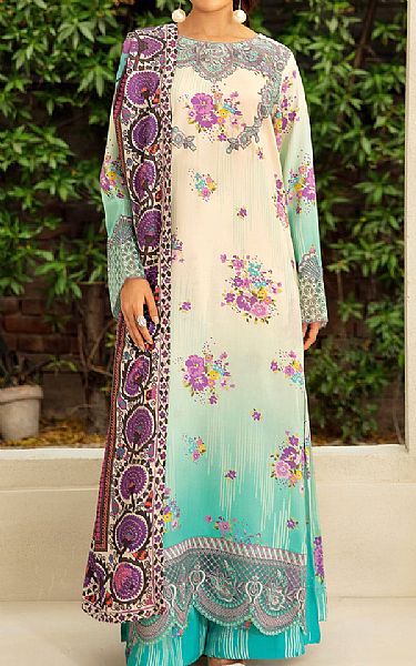 Ramsha Ivory/Light Sea Green Viscose Suit | Pakistani Winter Dresses in USA- Image 1