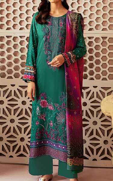 Ramsha Bottle Green Viscose Suit | Pakistani Winter Dresses in USA- Image 1