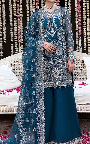 Ramsha Teal Organza Suit | Pakistani Embroidered Chiffon Dresses USA- Image 1