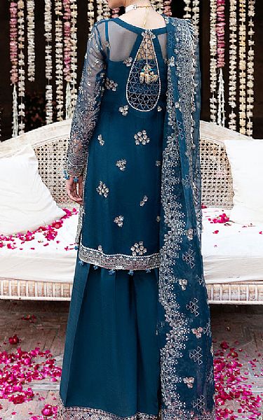 Ramsha Teal Organza Suit | Pakistani Embroidered Chiffon Dresses USA- Image 2