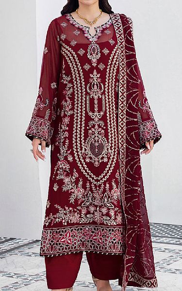 Ramsha Maroon Chiffon Suit | Pakistani Embroidered Chiffon Dresses USA- Image 1