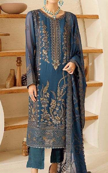 Ramsha Slate Blue Chiffon Suit | Pakistani Embroidered Chiffon Dresses USA- Image 1
