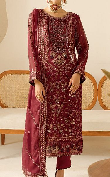 Ramsha Dusty Red Chiffon Suit | Pakistani Embroidered Chiffon Dresses USA- Image 1