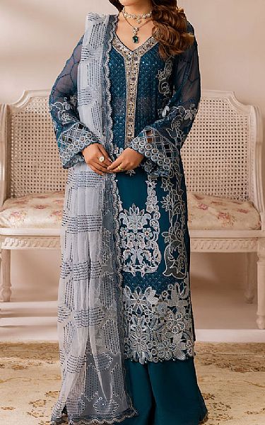 Ramsha Teal Chiffon Suit | Pakistani Embroidered Chiffon Dresses USA- Image 1