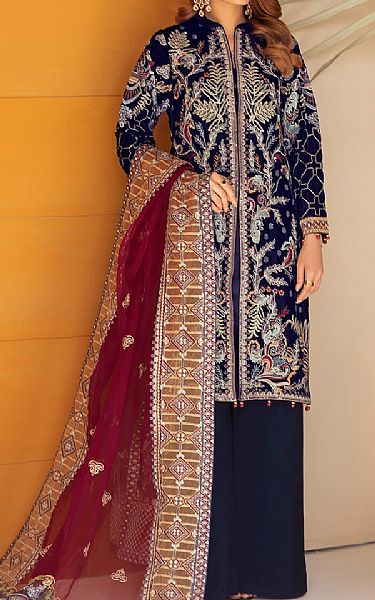 Ramsha Navy Blue Velvet Suit | Pakistani Winter Dresses- Image 1