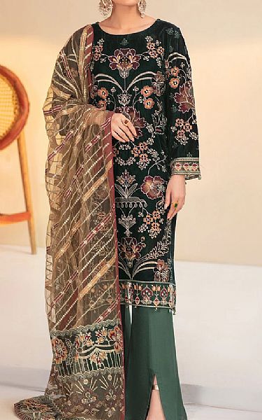 Dark Green Velvet Suit | Ramsha Pakistani Winter Dresses