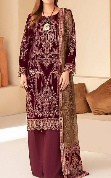 Ramsha Burgundy Velvet Suit | Pakistani Dresses in USA- Image 1