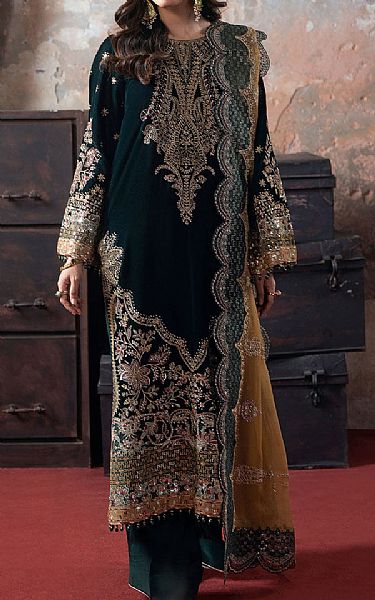 Ramsha Bottle Green Velvet Suit | Pakistani Winter Dresses in USA- Image 1