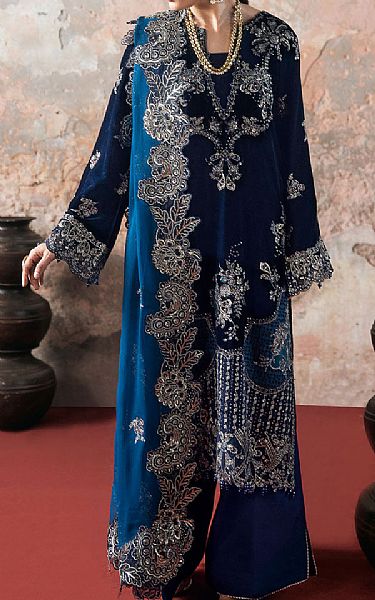 Ramsha Blue Velvet Suit | Pakistani Winter Dresses in USA- Image 1