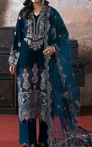 Ramsha Teal Velvet Suit | Pakistani Winter Dresses in USA- Image 1