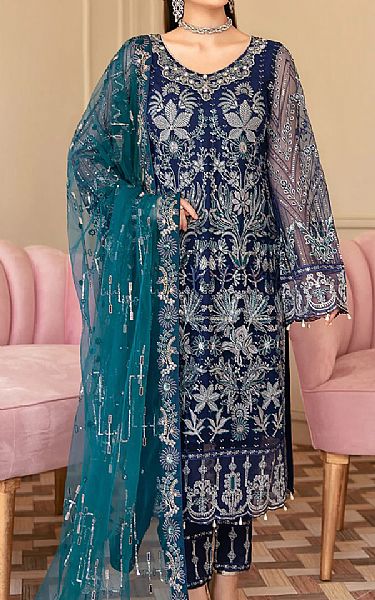 Ramsha Navy Blue Net Suit | Pakistani Embroidered Chiffon Dresses- Image 1