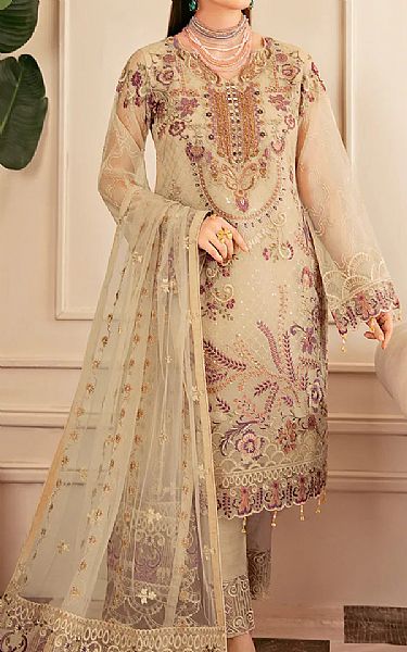 Ramsha Tan Organza Suit | Pakistani Embroidered Chiffon Dresses- Image 1